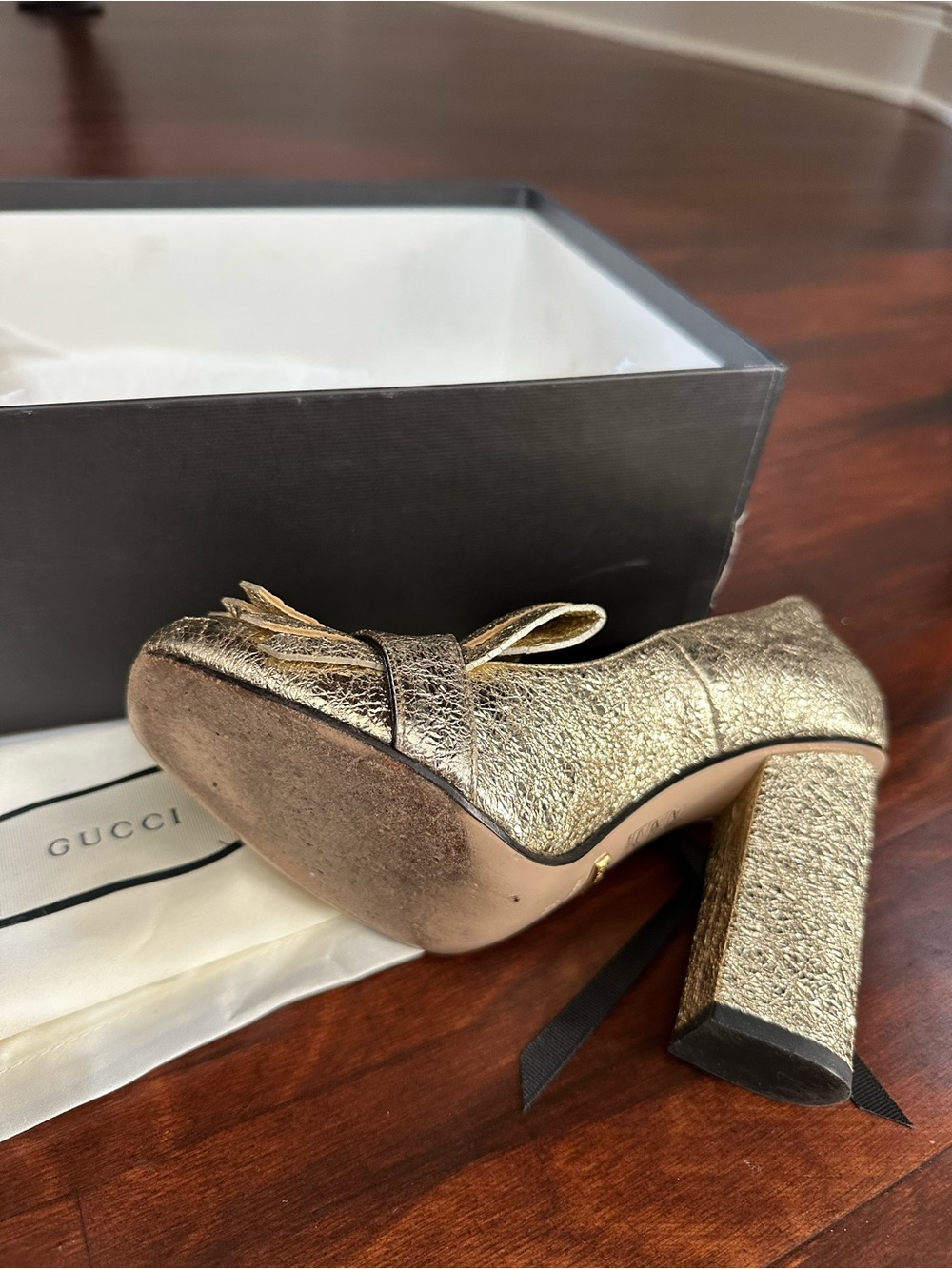 Gucci Gold Glitter Fringe Heeled Loafers with Double G - Picture 6 of 10